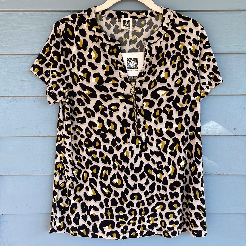 Anne Klein Leopard Print Zip-up Blouse